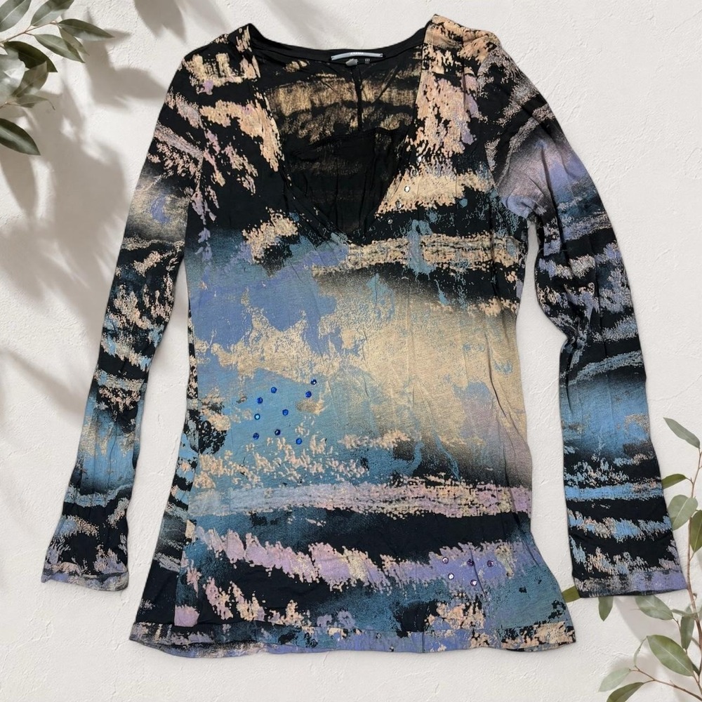 Anama Y2K Abstract Rhinestone Embellished Long Sleeve Top Black Blue Large